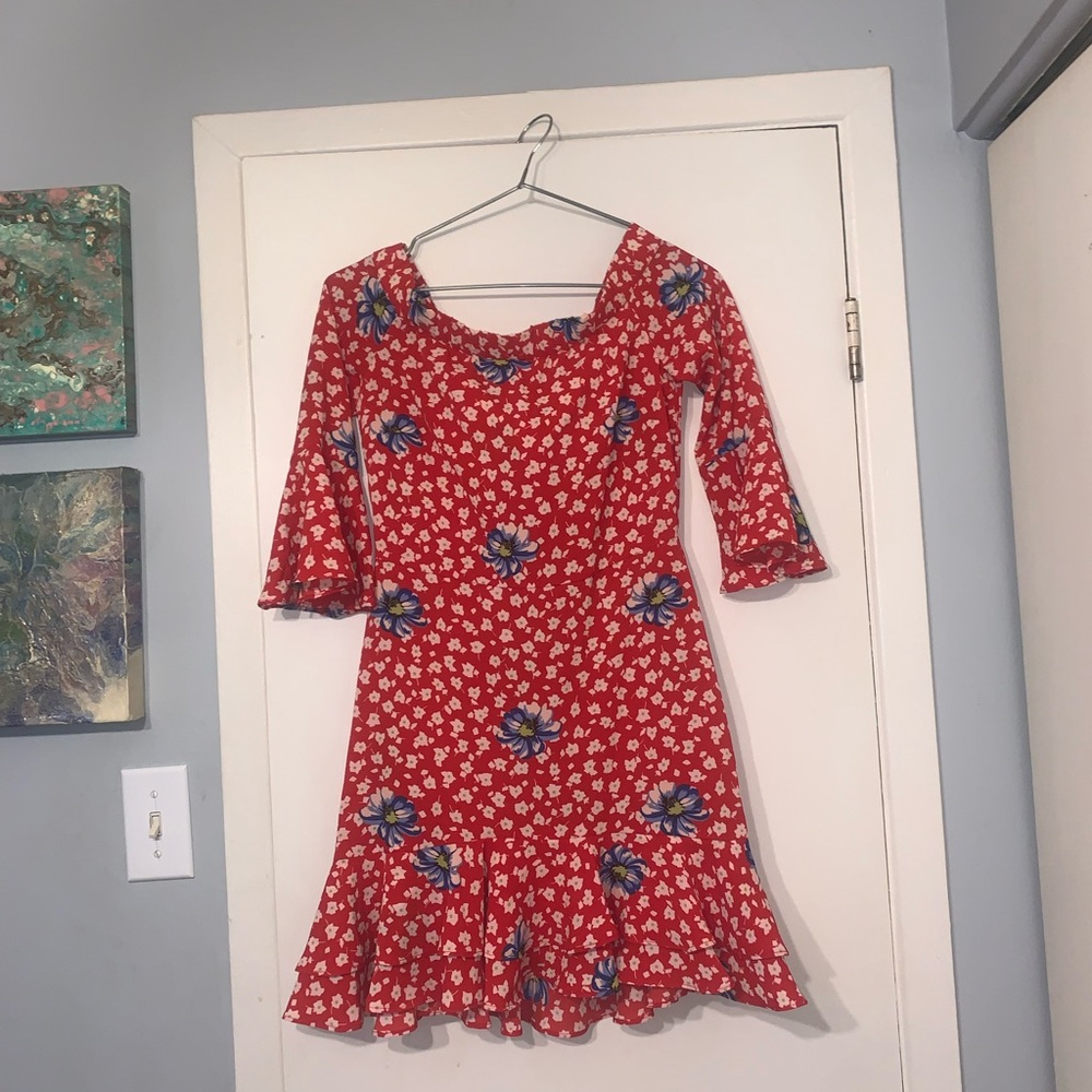 Topshop Red Fit and Flare Midi Dress with Flutter Sleeves